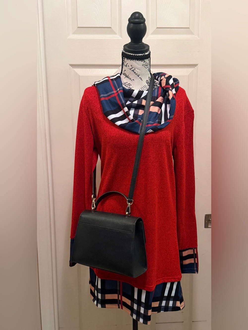 Cowl Neck Fall Red Plaid-Trim Women's Tunic Dress